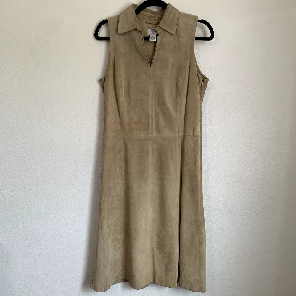 Vintage LOFT Suede Leather Dress in Tan Contrasting Black Stitch